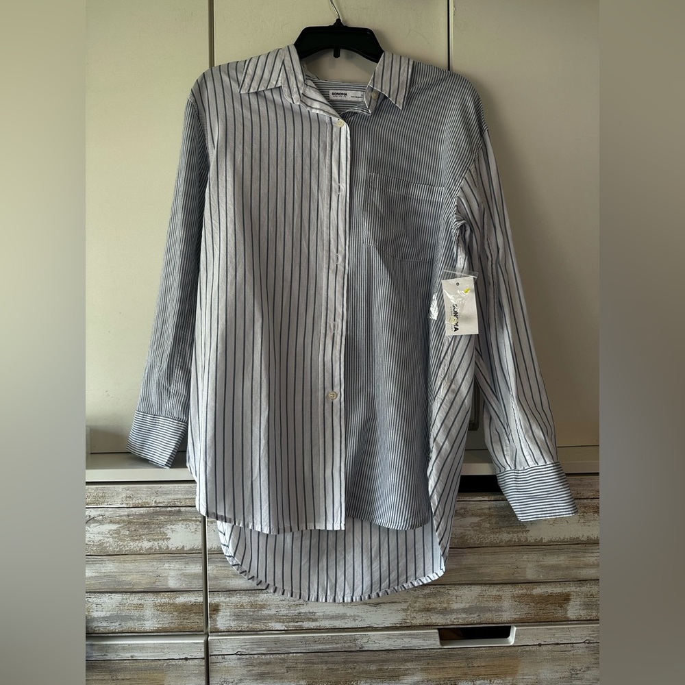 🩵 Sonoma Blue White Mixed Stripe Cotton Button Down Shirt Small Hi Low NWT